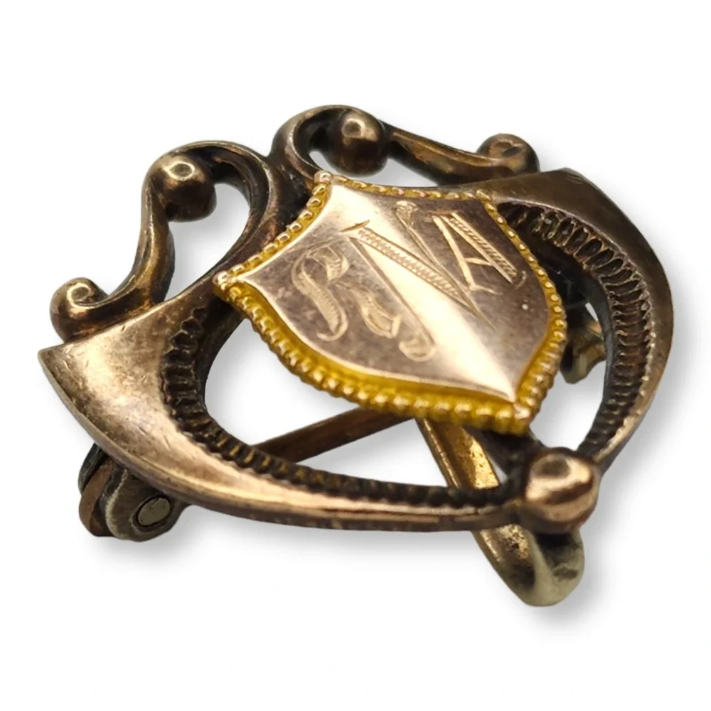 PSCO Brooch Pin Rose Gold Filled Small Rose Victorian Monogrammed RNA Shield
